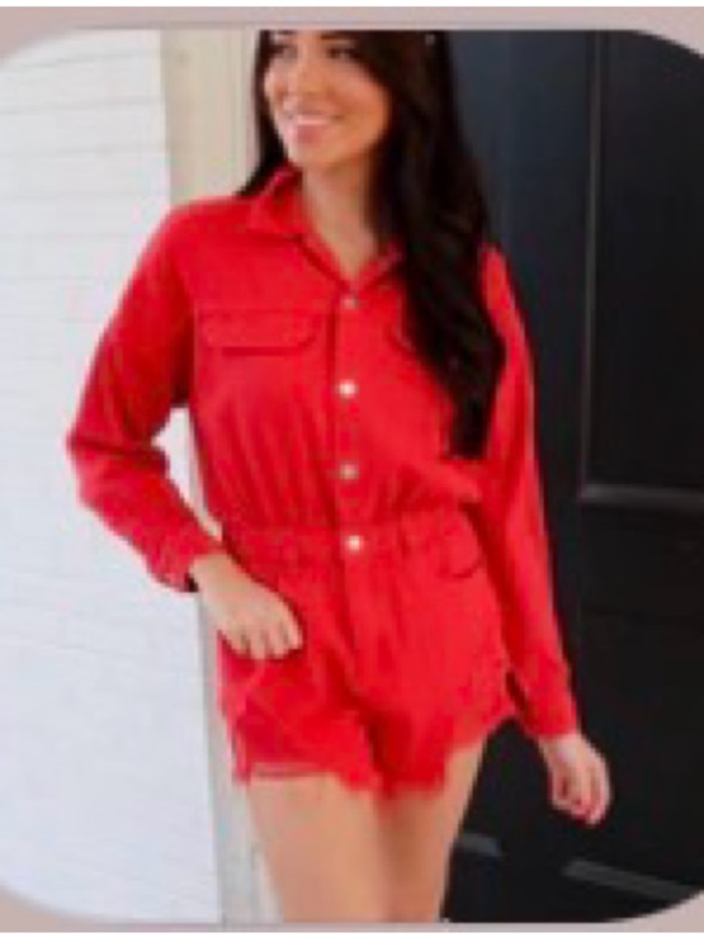 Bring it back long sleeve Red denim romper with button-up front and pockets